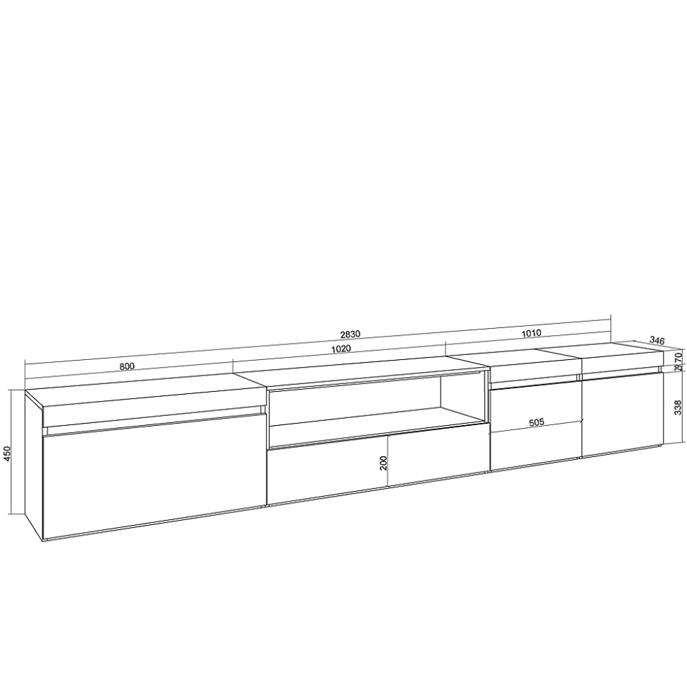 Meuble TV, Banc Télé, 288x35x45cm, TV grand format, Blanc et Chêne Soft