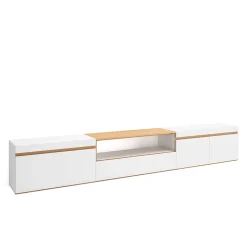 Meuble TV, Banc Télé, 288x35x45cm, TV grand format, Blanc et Chêne Soft