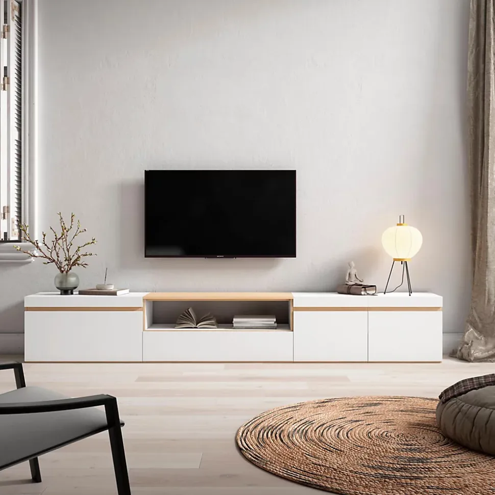 Meuble TV, Banc Télé, 288x35x45cm, TV grand format, Blanc et Chêne Soft