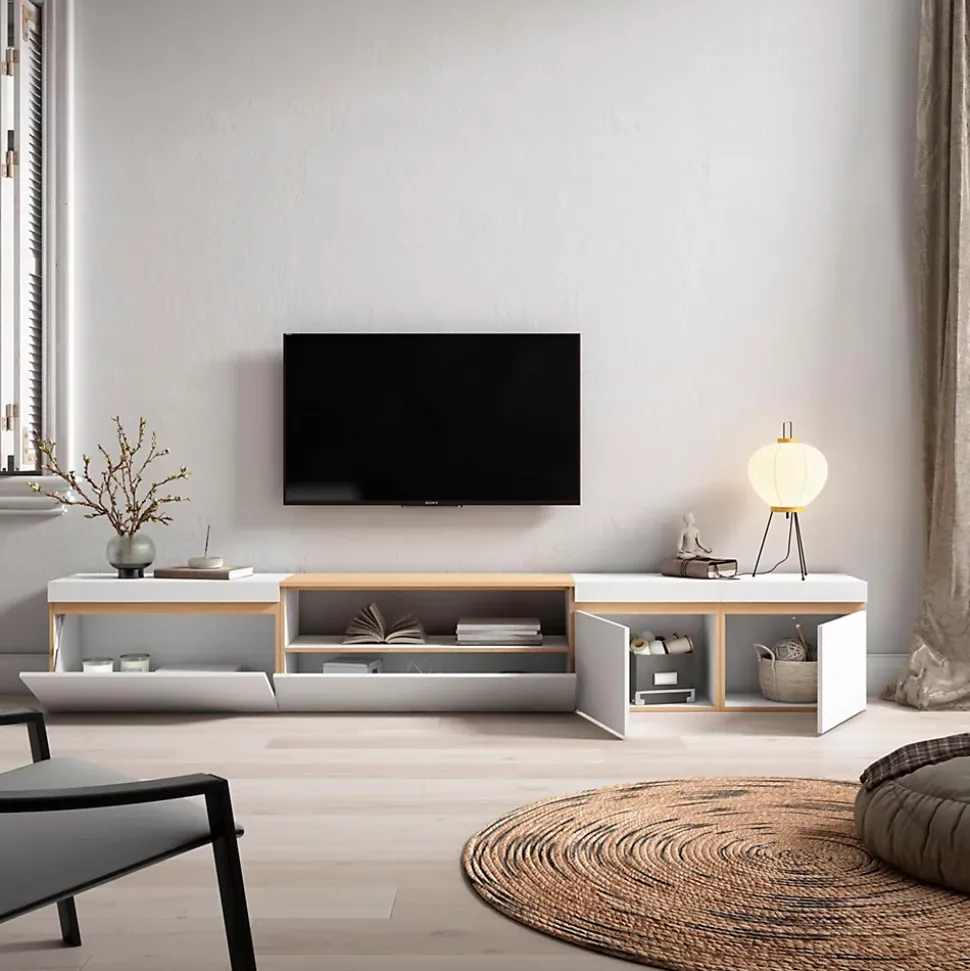 Meuble TV, Banc Télé, 288x35x45cm, TV grand format, Blanc et Chêne Soft