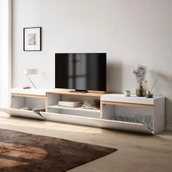 Meuble TV, Banc Télé, 260x35x45cm, TV grand format, Blanc et Chêne Soft