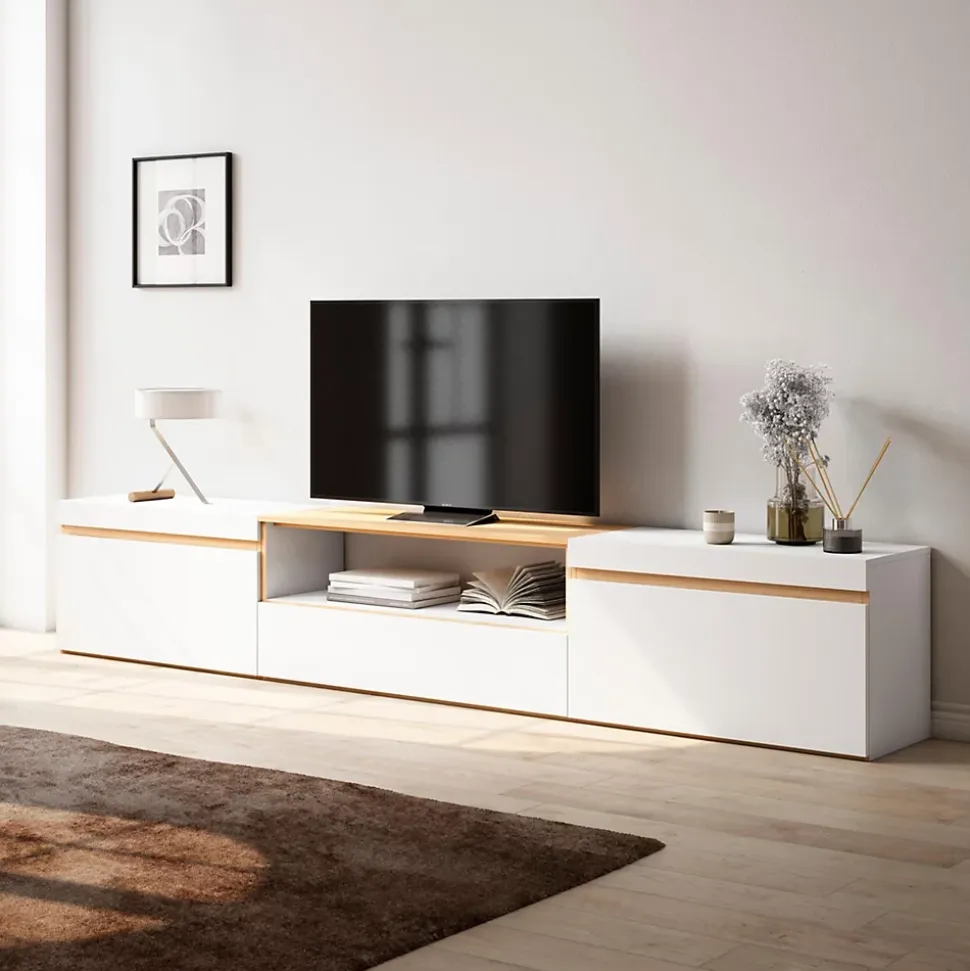 Meuble TV, Banc Télé, 260x35x45cm, TV grand format, Blanc et Chêne Soft