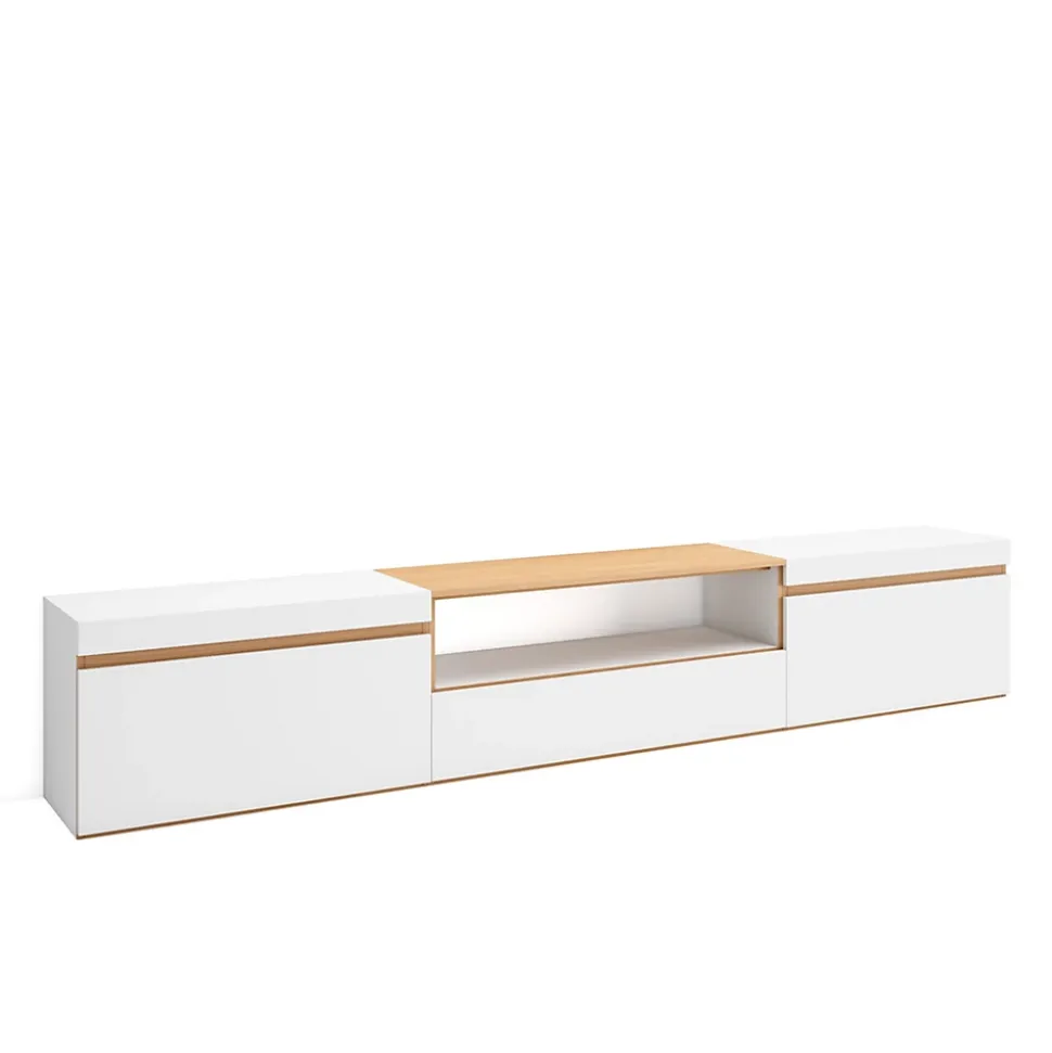 Meuble TV, Banc Télé, 260x35x45cm, TV grand format, Blanc et Chêne Soft