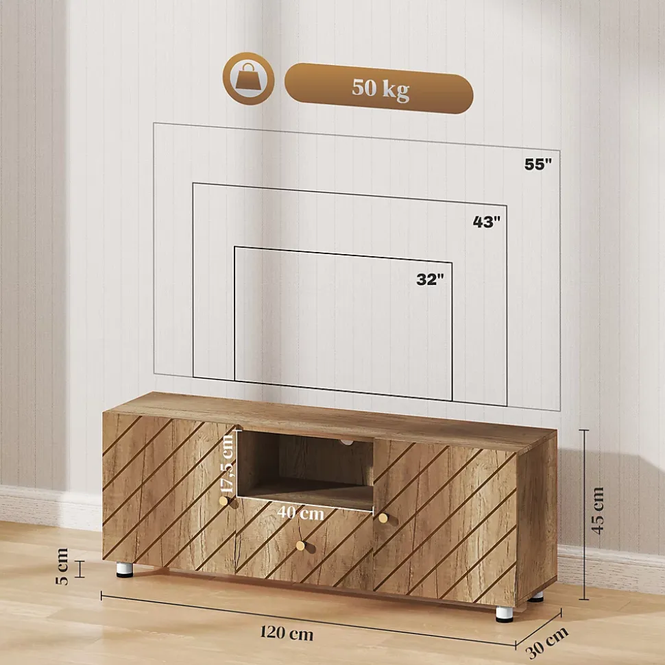 Meuble TV banc TV design - 2 portes, 2 étagères, niche tiroir - effet bois doré