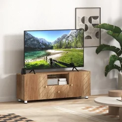 Meuble TV banc TV design - 2 portes, 2 étagères, niche tiroir - effet bois doré