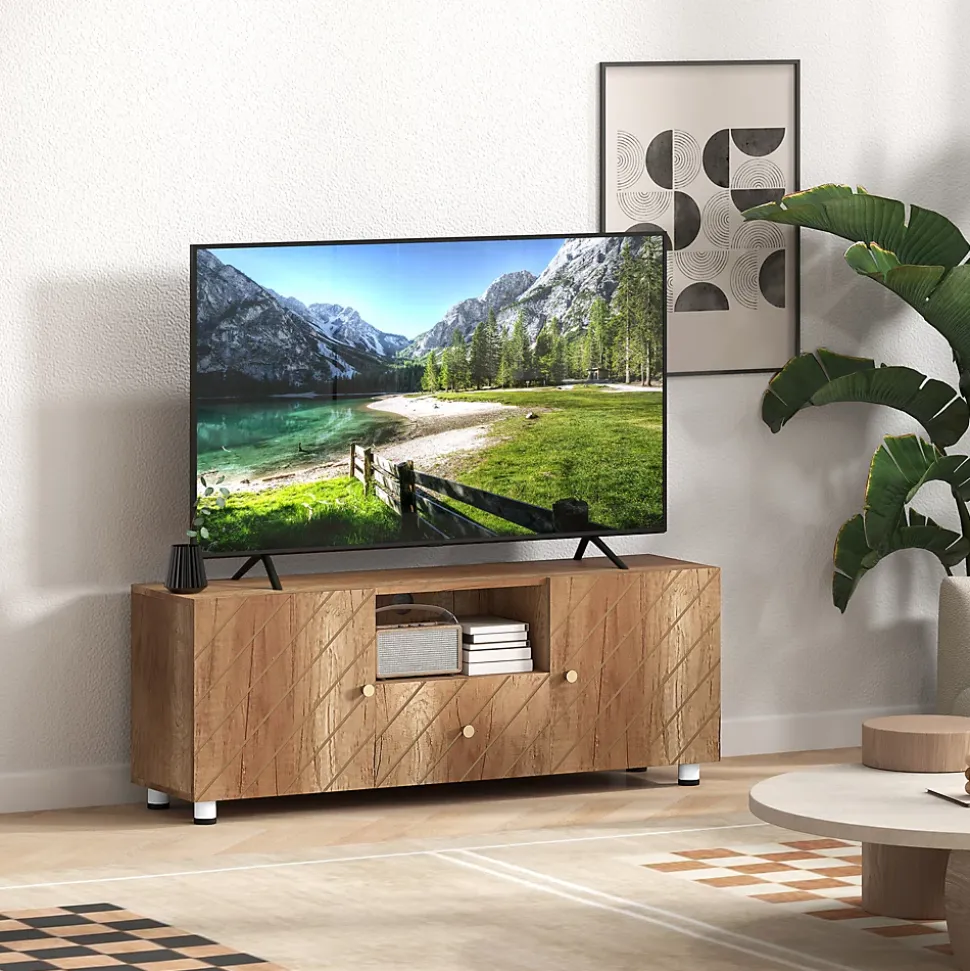 Meuble TV banc TV design - 2 portes, 2 étagères, niche tiroir - effet bois doré