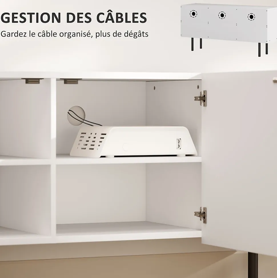 Meuble TV banc TV design graphique - 3 portes, 3 étagères, 3 passe-câbles - blanc effet bois