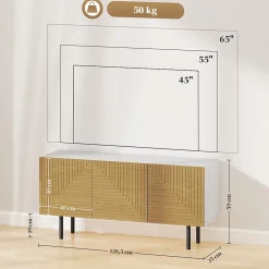 Meuble TV banc TV design graphique - 3 portes, 3 étagères, 3 passe-câbles - blanc effet bois