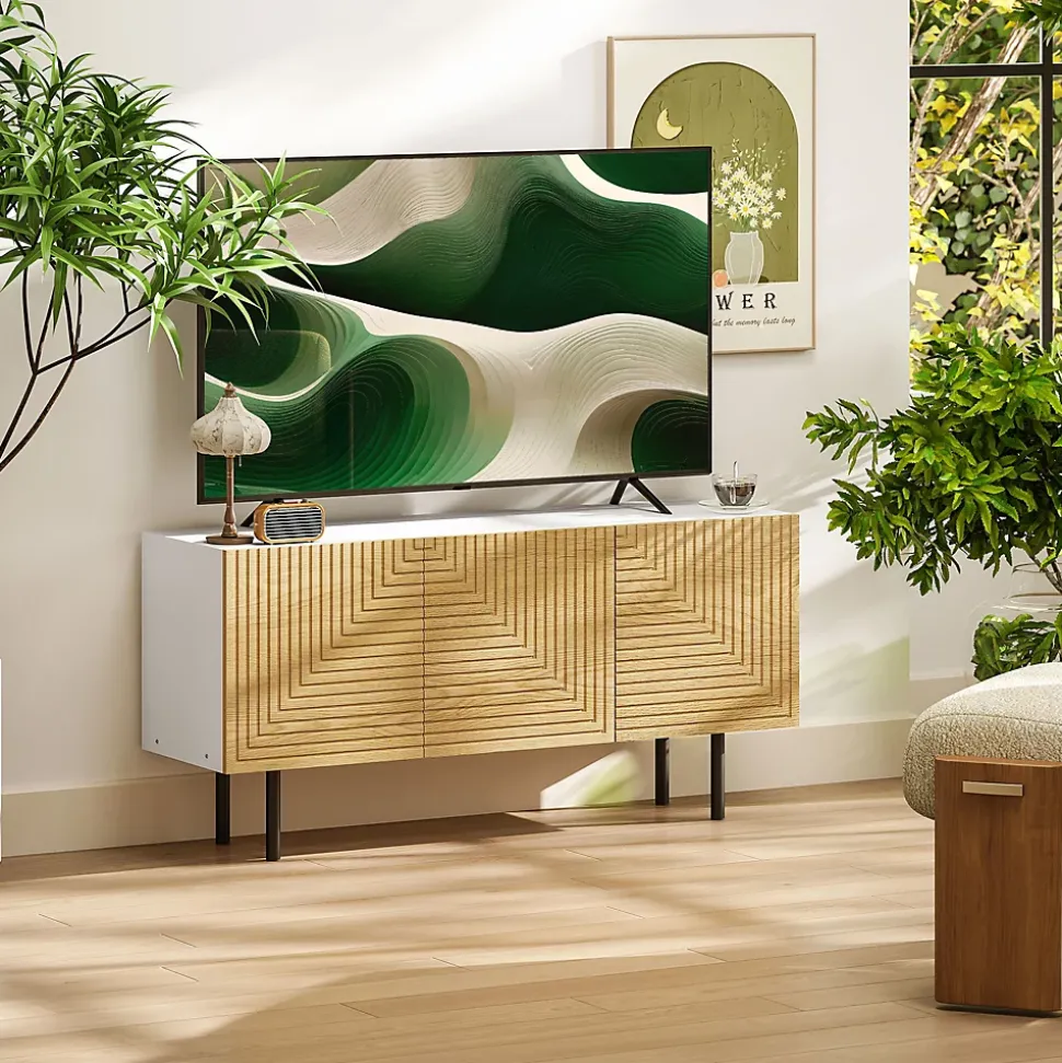 Meuble TV banc TV design graphique - 3 portes, 3 étagères, 3 passe-câbles - blanc effet bois