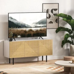 Meuble TV banc TV design graphique - 3 portes, 3 étagères, 3 passe-câbles - blanc effet bois