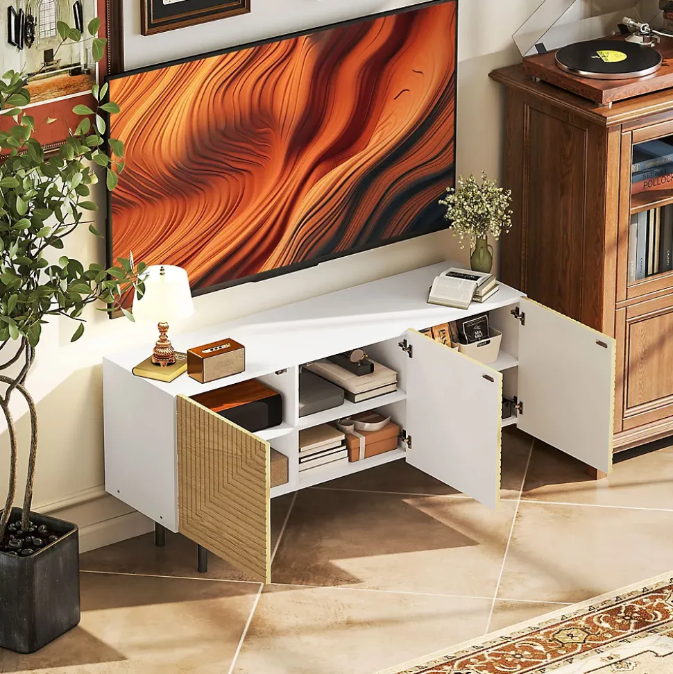 Meuble TV banc TV design graphique - 3 portes, 3 étagères, 3 passe-câbles - blanc effet bois