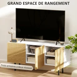 Meuble TV banc TV design graphique - 3 portes, 3 étagères, 3 passe-câbles - blanc effet bois