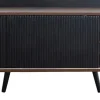 Meuble TV bas 160 cm, 2 tiroirs, 2 portes coulissantes, finition bois et noir, design moderne