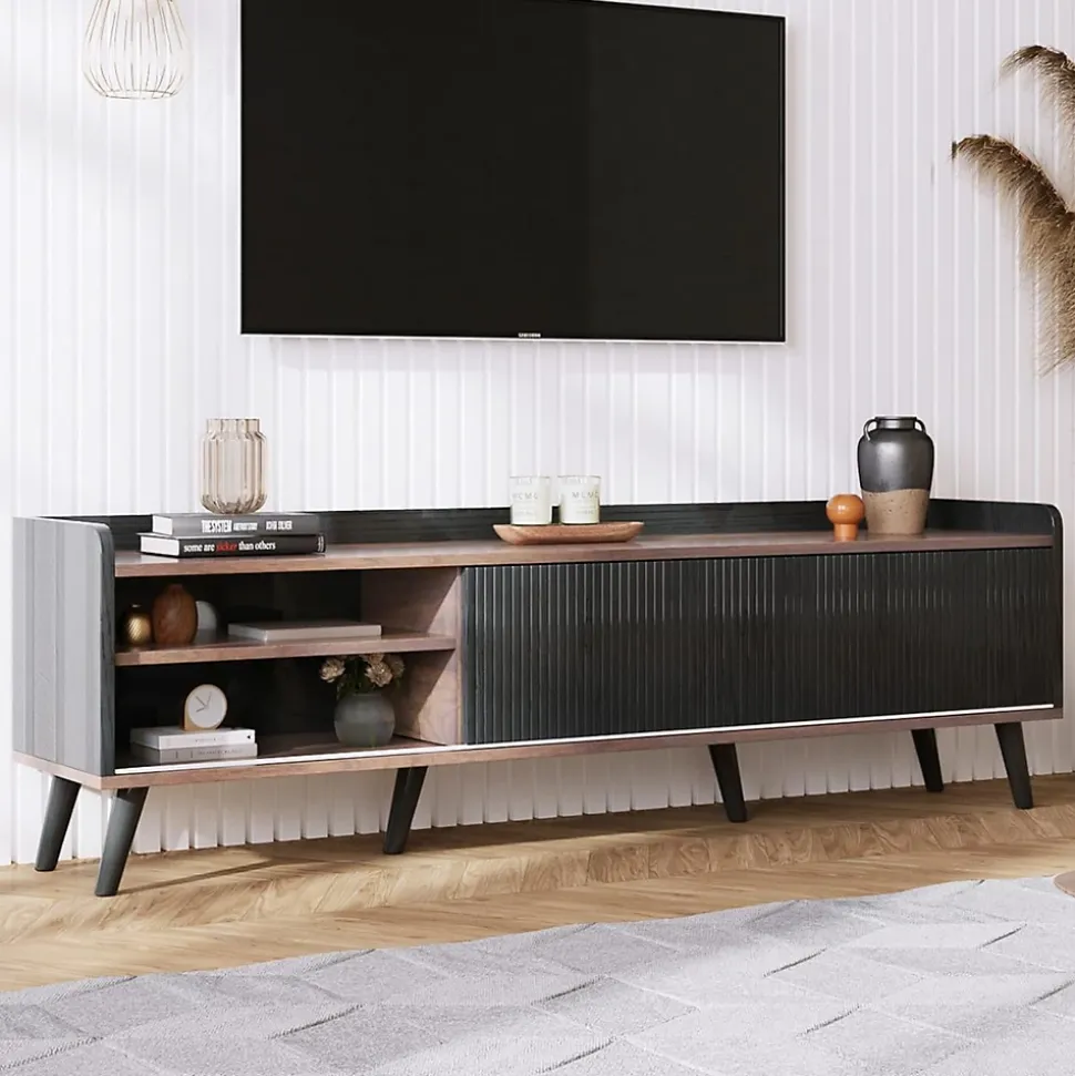 Meuble TV bas 160 cm, 2 tiroirs, 2 portes coulissantes, finition bois et noir, design moderne