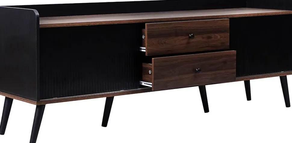 Meuble TV bas 160 cm, 2 tiroirs, 2 portes coulissantes, finition bois et noir, design moderne