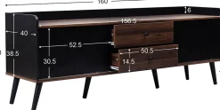 Meuble TV bas 160 cm, 2 tiroirs, 2 portes coulissantes, finition bois et noir, design moderne