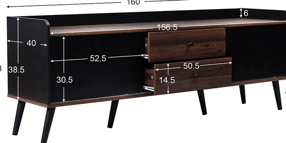 Meuble TV bas 160 cm, 2 tiroirs, 2 portes coulissantes, finition bois et noir, design moderne