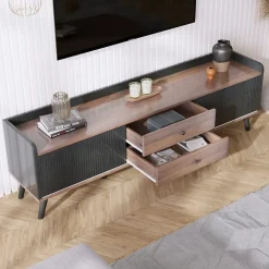 Meuble TV bas 160 cm, 2 tiroirs, 2 portes coulissantes, finition bois et noir, design moderne