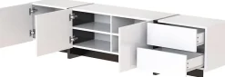 Meuble TV bas 190 cm avec LED, portes et tiroirs, cadre doré, plateau marbre blanc