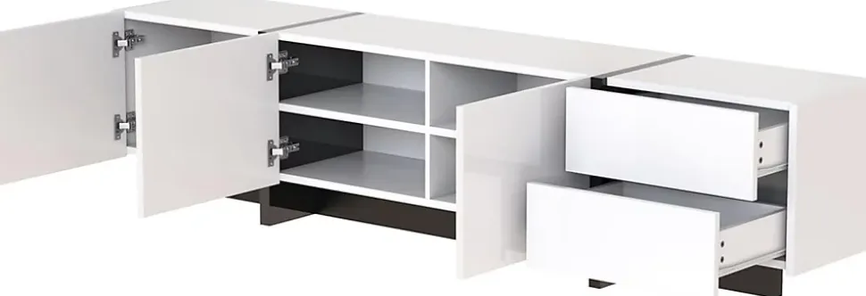 Meuble TV bas 190 cm avec LED, portes et tiroirs, cadre doré, plateau marbre blanc