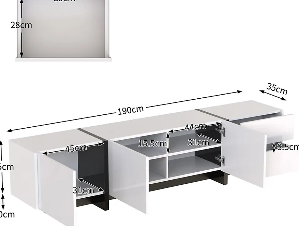 Meuble TV bas 190 cm avec LED, portes et tiroirs, cadre doré, plateau marbre blanc