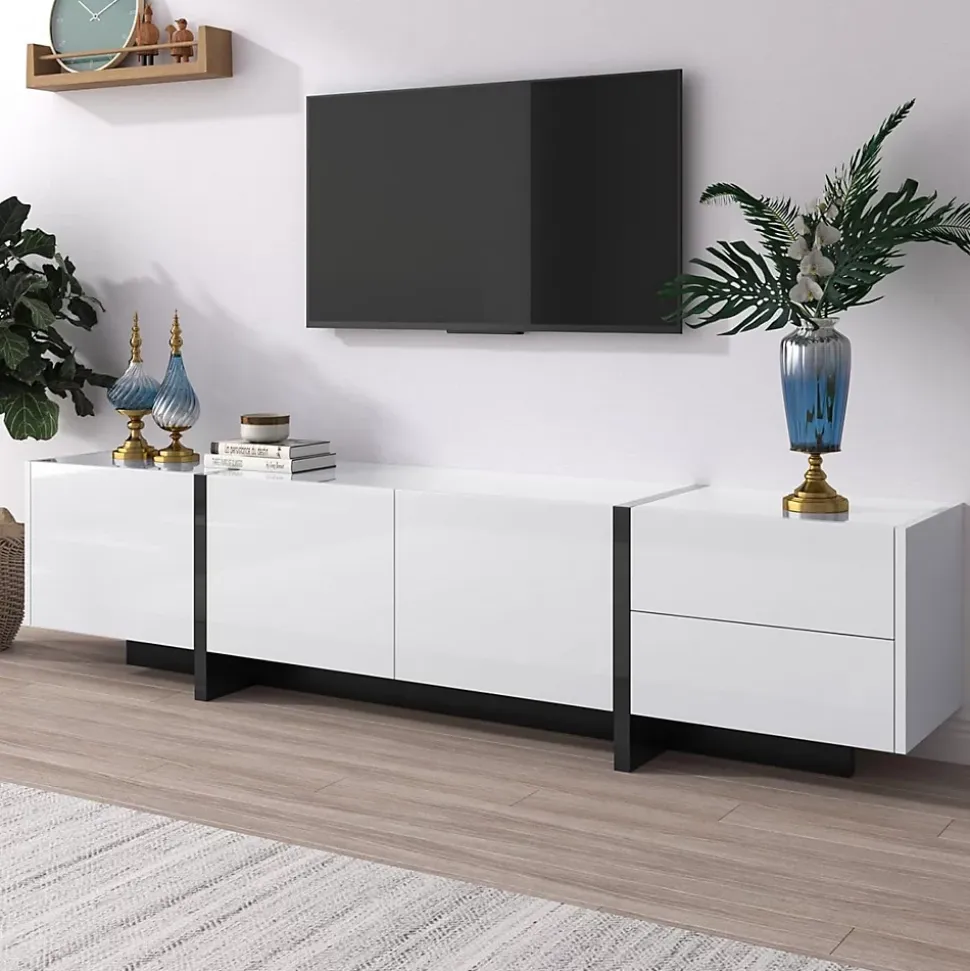 Meuble TV bas 190 cm avec LED, portes et tiroirs, cadre doré, plateau marbre blanc