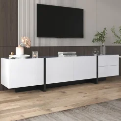 Meuble TV bas 190 cm avec LED, portes et tiroirs, cadre doré, plateau marbre blanc