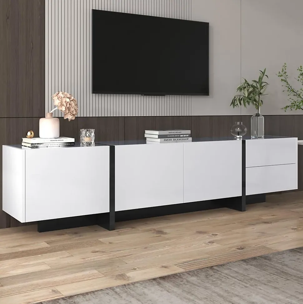 Meuble TV bas 190 cm avec LED, portes et tiroirs, cadre doré, plateau marbre blanc