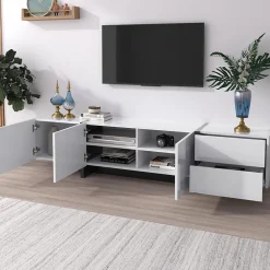 Meuble TV bas 190 cm avec LED, portes et tiroirs, cadre doré, plateau marbre blanc