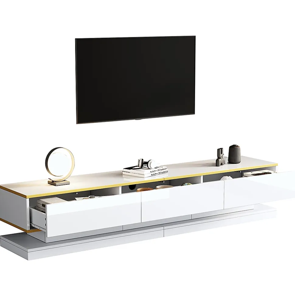 Meuble TV bas avec 3 tiroirs,200x40x40cm,blanc chaud avec bord doré, grand espace de rangement