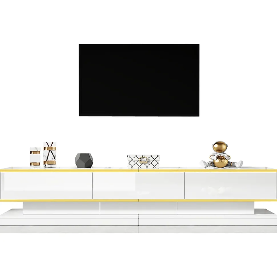 Meuble TV bas avec 3 tiroirs,200x40x40cm,blanc chaud avec bord doré, grand espace de rangement