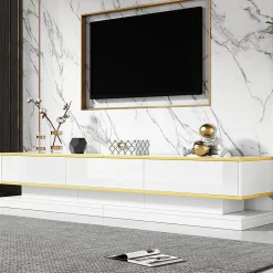 Meuble TV bas avec 3 tiroirs,200x40x40cm,blanc chaud avec bord doré, grand espace de rangement
