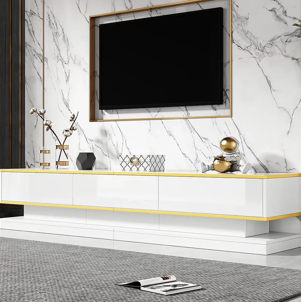 Meuble TV bas avec 3 tiroirs,200x40x40cm,blanc chaud avec bord doré, grand espace de rangement