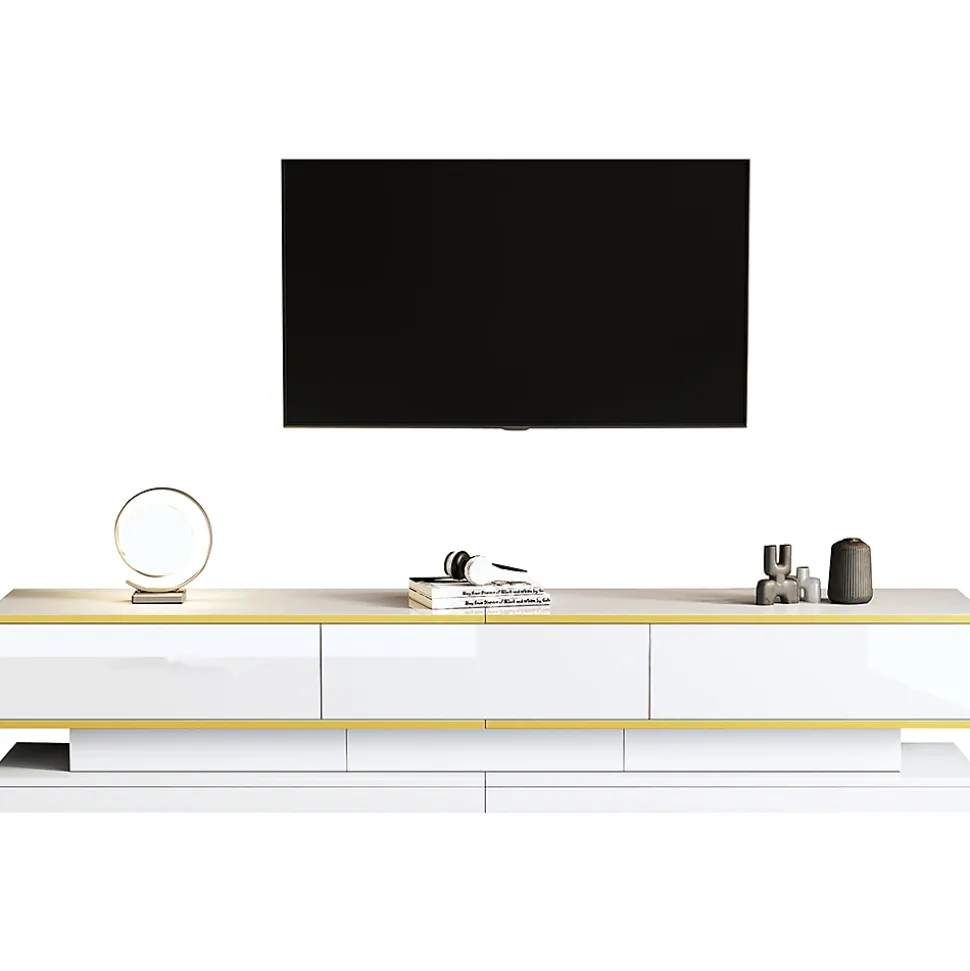 Meuble TV bas avec 3 tiroirs,200x40x40cm,blanc chaud avec bord doré, grand espace de rangement
