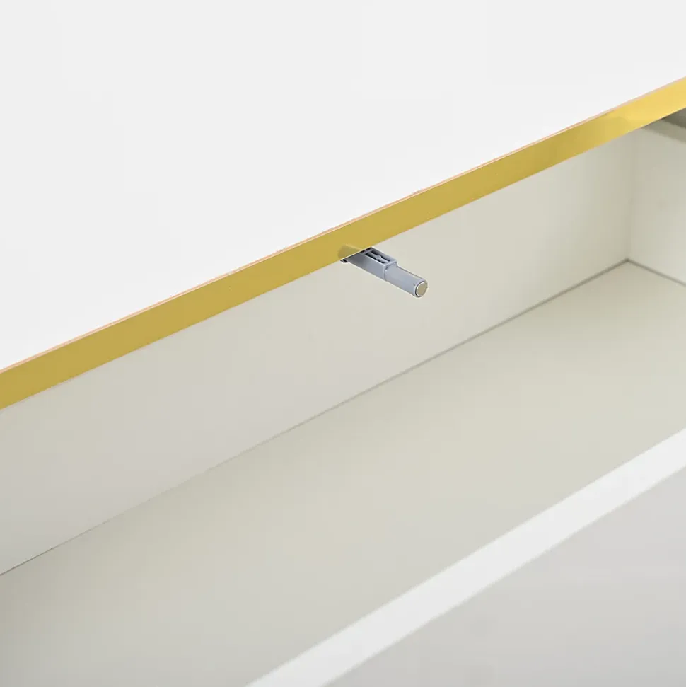 Meuble TV bas avec 3 tiroirs,200x40x40cm,blanc chaud avec bord doré, grand espace de rangement