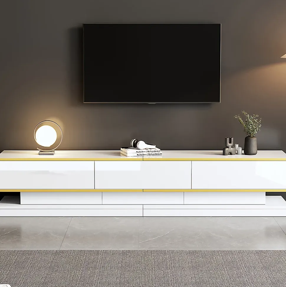 Meuble TV bas avec 3 tiroirs,200x40x40cm,blanc chaud avec bord doré, grand espace de rangement