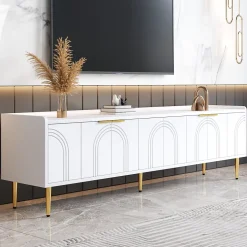 Meuble TV Bas design - avec Portes Texturées et Rangement Moderne, MDF, Pieds Dorés, Blanc, 170x35x47,5 cm