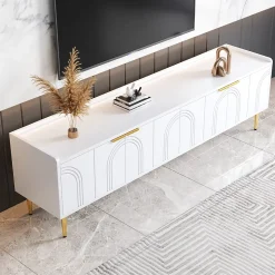 Meuble TV Bas design - avec Portes Texturées et Rangement Moderne, MDF, Pieds Dorés, Blanc, 170x35x47,5 cm