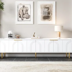 Meuble TV Bas design - avec Portes Texturées et Rangement Moderne, MDF, Pieds Dorés, Blanc, 170x35x47,5 cm