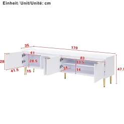 Meuble TV Bas design - avec Portes Texturées et Rangement Moderne, MDF, Pieds Dorés, Blanc, 170x35x47,5 cm