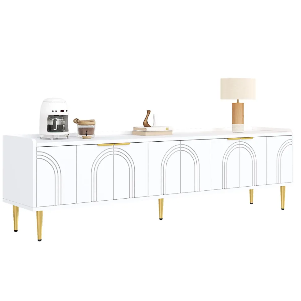 Meuble TV Bas design - avec Portes Texturées et Rangement Moderne, MDF, Pieds Dorés, Blanc, 170x35x47,5 cm