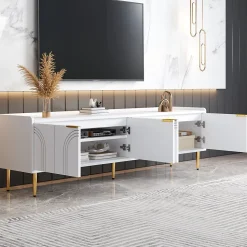 Meuble TV Bas design - avec Portes Texturées et Rangement Moderne, MDF, Pieds Dorés, Blanc, 170x35x47,5 cm