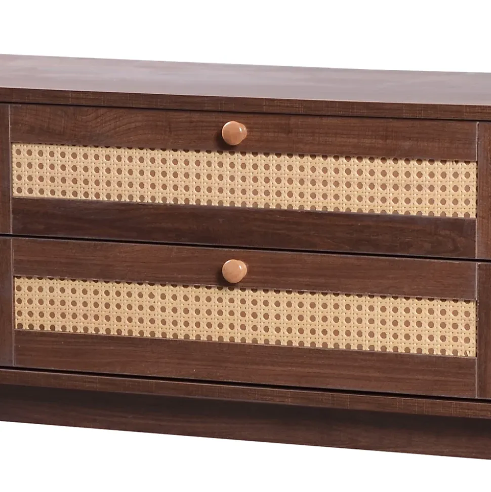 Meuble TV Bas en Bois Naturel avec Portes Coulissantes et Tiroirs - Style Rustique et Détails en Rotin - 170x39,5x46 cm - Marron