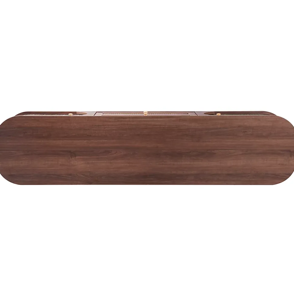 Meuble TV Bas en Bois Naturel avec Portes Coulissantes et Tiroirs - Style Rustique et Détails en Rotin - 170x39,5x46 cm - Marron