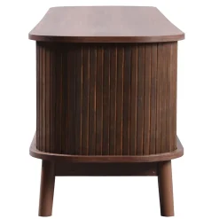 Meuble TV Bas en Bois Naturel avec Portes Coulissantes et Tiroirs - Style Rustique et Détails en Rotin - 170x39,5x46 cm - Marron