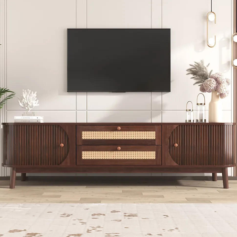 Meuble TV Bas en Bois Naturel avec Portes Coulissantes et Tiroirs - Style Rustique et Détails en Rotin - 170x39,5x46 cm - Marron