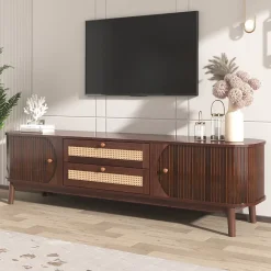 Meuble TV Bas en Bois Naturel avec Portes Coulissantes et Tiroirs - Style Rustique et Détails en Rotin - 170x39,5x46 cm - Marron