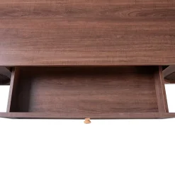 Meuble TV Bas en Bois Naturel avec Portes Coulissantes et Tiroirs - Style Rustique et Détails en Rotin - 170x39,5x46 cm - Marron