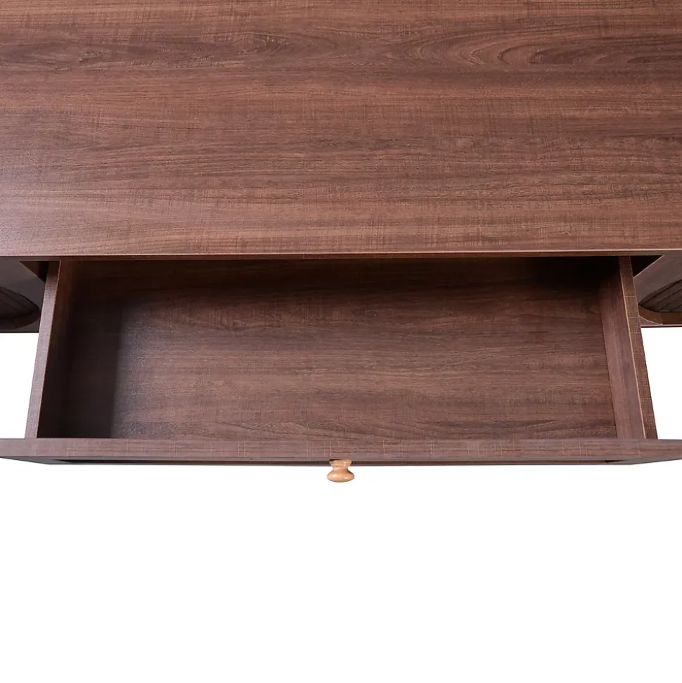 Meuble TV Bas en Bois Naturel avec Portes Coulissantes et Tiroirs - Style Rustique et Détails en Rotin - 170x39,5x46 cm - Marron