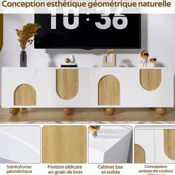 Meuble TV Bas Moderne - 4 Portes et Rangement avec Pieds en Bois - MDF + PB - 175x38x50 cm - Naturel/Blanc